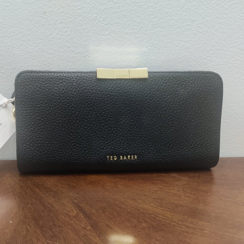 NWT Ted Baker London Black Leather Zip Around Gold Metal Wallet Clutch MSRP $145